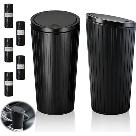 Poubelle de Voiture avec Couvercle - 2 Pièces - Étanche, Anti-Fuites & Anti-Odeurs - Inclut 5 Rouleaux de Sacs - Pour Bureau, Maison et Auto - Noir (1/5)