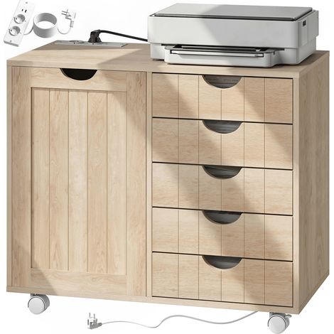Meuble avec station de charge USB 5 tiroirs étagère réglable sur roues naturel