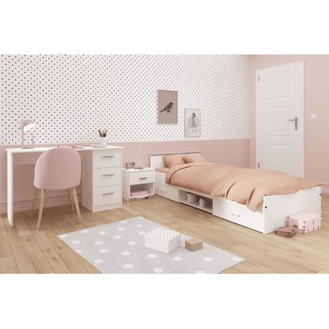 Chambre d'enfant complète 3 pièces – Lit 90x200 cm avec 2 tiroirs – Chevet 1 tiroir – Bureau 121x55 cm – Décor blanc – Parisot