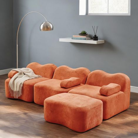 Canapé d'angle orange en velours modulable avec pouf (1/5)