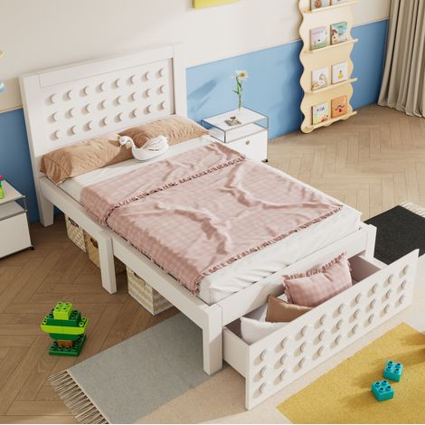 Lit enfant en bois blanc 90x200 cm avec sommier à lattes, tiroir et rangement sous lit (1/5)