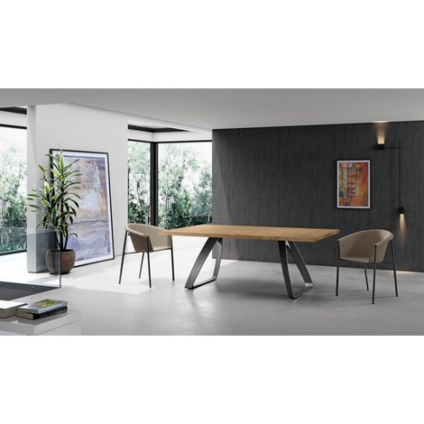 Table extensible Smokey avec plateau en verre trempé fumé noir, structure en métal, design moderne 160/240 cm - Collection Smokey (1/2)