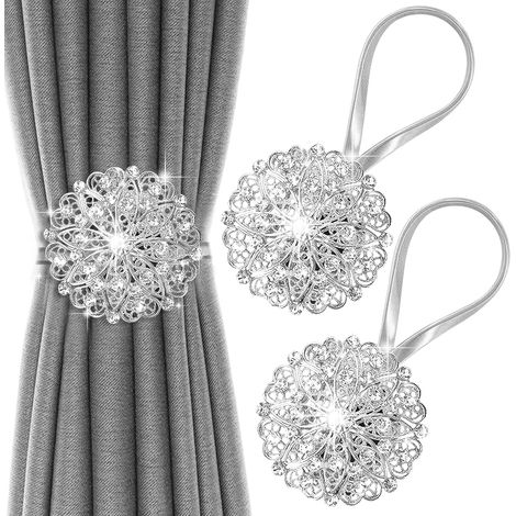 Attaches-rideaux magnétiques décoratives fleuries étincelantes, sans perçage, fil ressort inox, pour maison et bureau. (Argenté, lot de 2) (1/5)