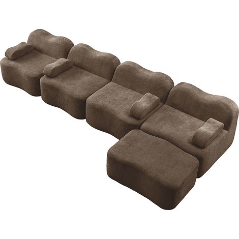 Sofá modular L de 4 plazas con 1 otomana, espuma 32D, terciopelo marrón (1/5)
