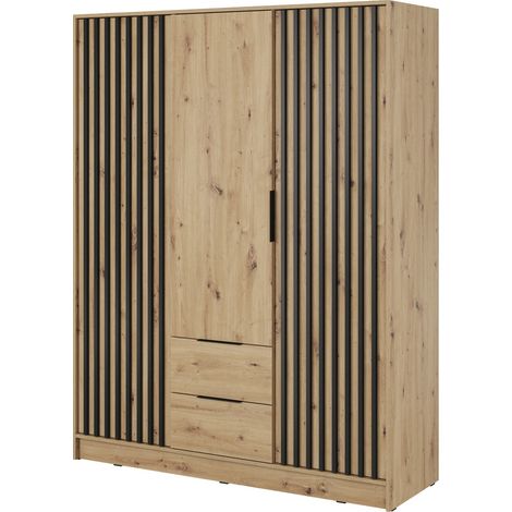 Armoire 150 cm Fioro - Armoire du fabricant, armoire de chambre à coucher - armoire à portes battantes avec lamelles, 3 portes (Artisan) (1/4)