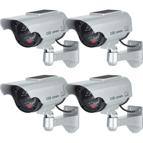(4 Pack, Argent) Caméras factices avec Panneau Solaire, Fausse de Sécurité Caméra CCTV avec LED Lumière pour Usage Intérieur Extérieur (1/5)