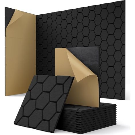 Panneau Acoustique Murale, Lot de 12 Panneaux Acoustiques Decoratifs Autocollantes, Plafond, Porte Traitement Acoustique pour Studio, Chambre, Salon, Gaming, 30 x 30 x 0,9cm, Noir
