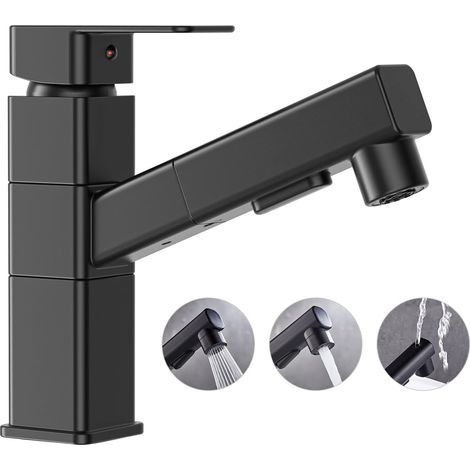 Bathroom Sink Faucet, Kitchen Mixer Tap with Hand Shower and 360 Degree Faucet, Modern Black Kitchen Faucet with 180° Rotating Body, Brass Hand Wash Faucet, 3 Spray Modes