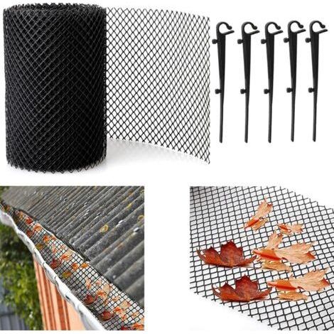 Protection mesh for gutters and gutter, 6 m x 15 cm Drain net with 10 fixing hooks, Black mesh gutter protection - Can be cut to size and durable (1/4)