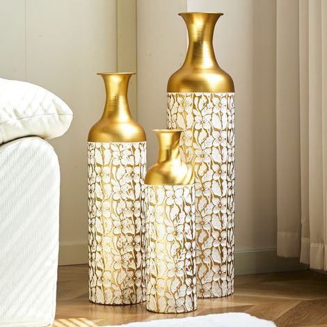 Bodenvasen-Set aus 3 Metall, Gold und Weiß, 50/66/85 cm, Blumenmotiv HAVRYA (1/5)