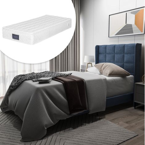 Letto singolo 90x200 cm blu in lino con testiera imbottita, rete a doghe e materasso a molle (1/5)