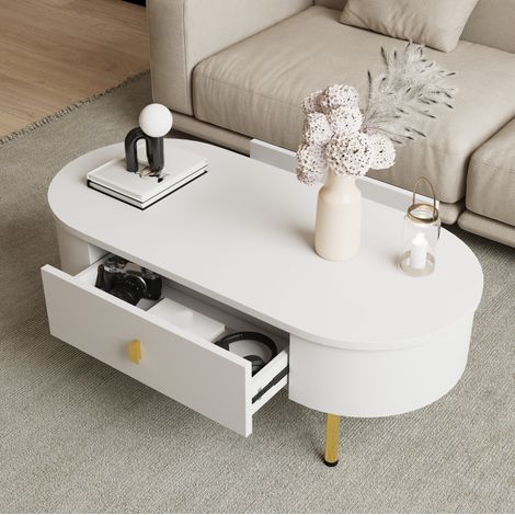 Mesa de centro 108x50x40 cm blanca y dorada de MDF con 2 cajones y esquinas redondeadas (1/5)