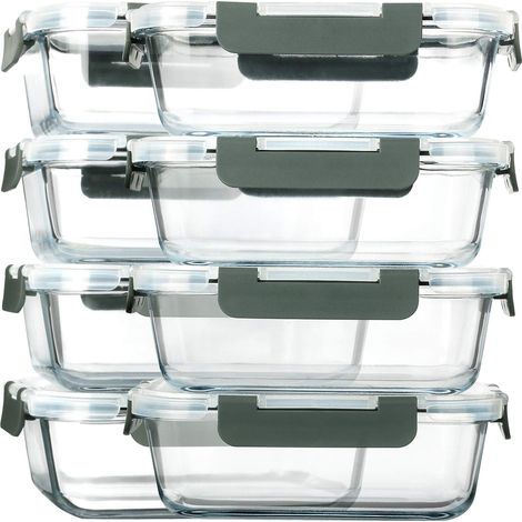 Lot de 8 boîtes de conservation en verre pour repas - Conteneurs en verre - Contenants hermétiques avec couvercles - Sans BPA - Passe au micro-ondes, au four, au congélateur et au lave-vaisselle. (1/5)