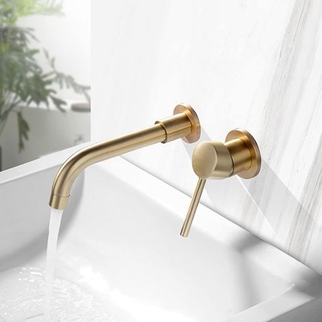 Mitigeur de lavabo mural, en laiton, avec bec pivotant à 360° pour eau chaude et froide, mitigeur monocommande, finition or brossé. (1/5)
