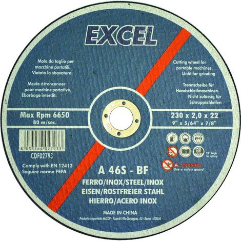 Dischi da taglio sottile centro piano per ferro/inox Ø mm.230 - Ø mm.230x2,0 foro 22,2 da taglio per ferro/inox - 10 pz