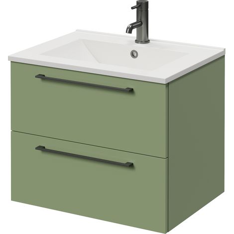 Napoli 460 Olive Green 600mm Wall Mounted 2 Drawer Vanity Unit with Angel Basin - 600mm - Gunmetal Grey 320mm Handle