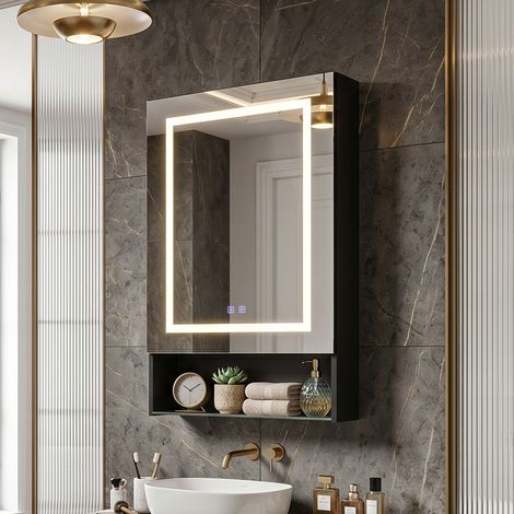 Creahappy Armoire Toilette Miroir LED 50x16x88 cm - Gain de Place 3 Couleurs Anti-Buée - Meuble Mural Noir Mat (1/5)