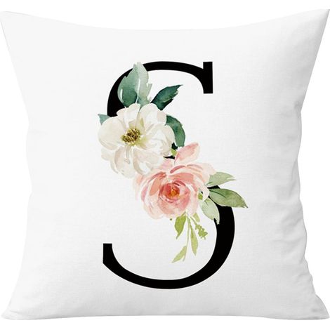 Housse De Coussin Carré - Lettre Alphabétique Imprimée Unilatérale - Fond Blanc Avec Fleur - Fermeture Éclair - 45 X 45 Cm - 1 Pièce (1/4)