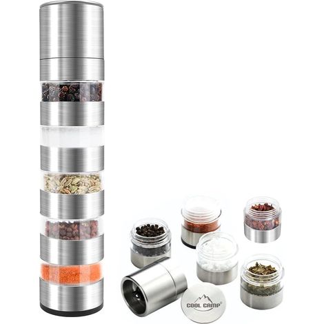 Ensemble d'épices de voyage 5 en 1, pots à épices empilables en acier inoxydable, mini pots à épices avec moulin à épices, pots à épices pour les voyages et le camping (1/5)