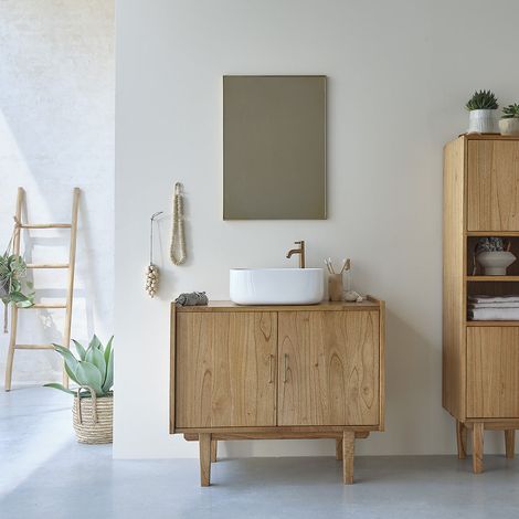 Berah Getah – Meuble sous vasque simple en mindi massif 90 cm – Hauteur 78 cm – Profondeur 50 cm – Style rétro avec pieds compas (1/5)