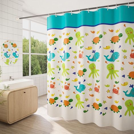 Duschvorhang 180 x 200 cm mit 12 Anti-Schimmel-Haken, schnelltrocknend, mit Meeresmotiven, maschinenwaschbar, wasserdicht, aus Polyestergewebe, für Badezimmer, 1 Stück (1/5)