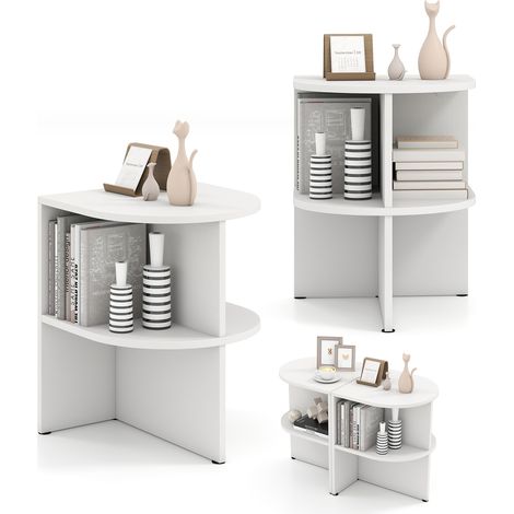 Table d'Appoint Demi-Ronde, Chevet de Lit Demi-Lune à 2 Niveaux, Étagères Ouvertes, Petite Table Basse, pour Chambre, 38 x 38 x 48,5CM, Blanc (1/5)