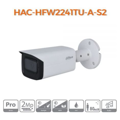 Dahua Telecamera bullet HDCVI 2Mp, IR 80m, ICR, Microfono, WDR - HAC-HFW2241TU-A-S2 T