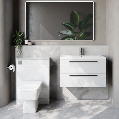 Napoli 390 Cento Gloss White 1400mm Wall Mounted 2 Drawer Vanity Unit and Toilet Suite with Glide Basin - 1400mm - Gunmetal Grey 480mm HandleWith Kingston Toilet Pan and Seat