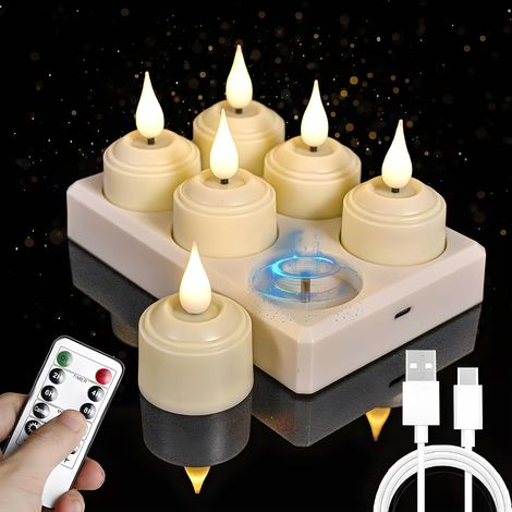 6er-Set wiederaufladbare LED-Teelichter – Flammenlose Kerzen mit Fernbedienung, Timer und Ladestation – USB-aufladbar – Ideal für Hochzeiten – 6er-Set (1/5)