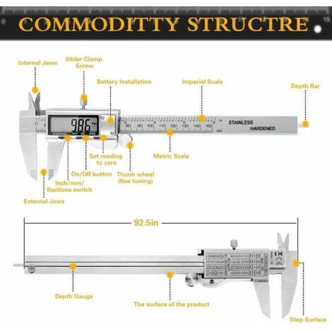 Pied à Coulisse Digital - Professionnel Numérique Caliper Pied à Coulisse de 150mm Mesure précise et rapide, lecture facile en Acier inoxydable Outil Micromètre Vernier avec Ecran d'affichage LCD, (1/4)