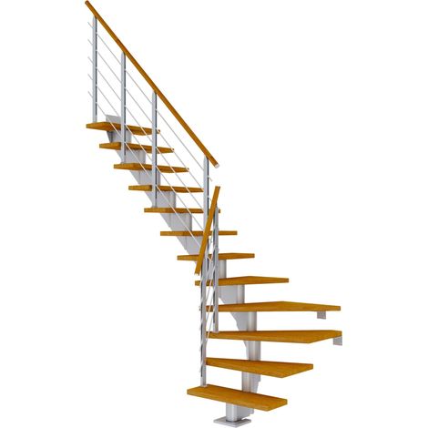 Dolle Mittelholmtreppe Hamburg 1/4 gewendelt Eiche, geölt 85 cm breit für GH 222 – 258 cm UK Metall Perlgrau mit Geländer