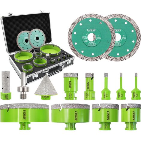 Scie Cloche Carrelage Kit - 14 Pièces Forêts Diamant(6/6/8/20/35/50/68/100/125mm+20mm Fraise+50mm Foret Chanfrein+Adaptateur)+2 pièces X-Grille 125mm Épaisseur pour Porcelaine (1/5)