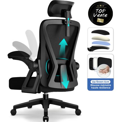 Authmic – Fauteuil de bureau ergonomique – Accoudoirs relevables – Dossier en S avec soutien lombaire réglable – Revêtement en nylon respirant (1/5)