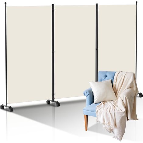 Wolketon Paravent Séparation Pliable avec roulettes Cadre en Métal Idéal pour Salon Bureau Hôpital 3 Panneaux Beige 263x181 cm