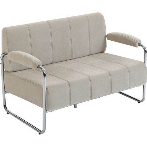 2-Sitzer-Designersofa in beigefarbenem Chenille-Stoff, Stahlrahmen, Schaumstoff- und Sperrholzplatte, 120 x 73 x 76 cm