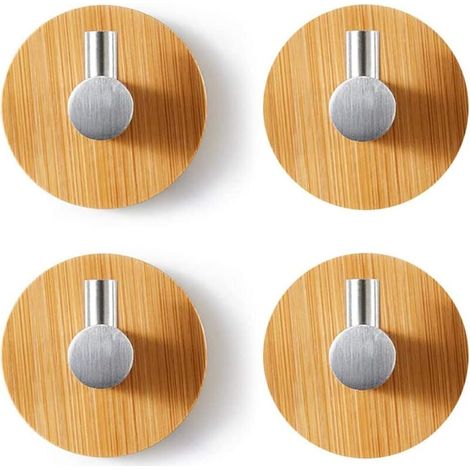 4 ganci da parete in bambù, ganci in bambù e acciaio inossidabile, ganci adesivi in bambù, non richiedono foratura, ganci portasciugamani autoadesivi per bagno, toilette, cucina (argento) - Crezuo