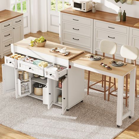 Kücheninsel auf Rollen, Ausziehbarer Essbereich Kücheninsel mit Gewürzregal und Schubladen, Mobile Kücheninsel freistehend, Ideal für Küche und Esszimmer (Weiß) (1/5)