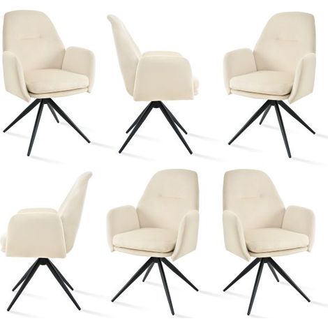 Bon Furni Terciopelo Silla de comedor Blanco Marfil, Set de 6, giratoria 360°, ergonómica con alta elasticidad y reposabrazos