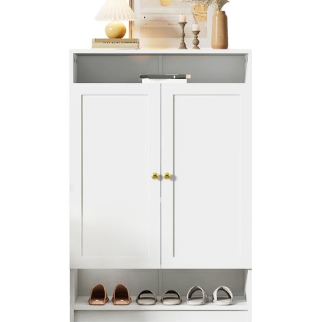 Mueble Zapatero con 2 Puertas, Estantes Ajustables y Huecos Abiertos, en Tablero de Partículas, 73×34×109 cm, Blanco (1/5)