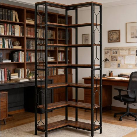Libreria angolare alta a 7 ripiani, stile industriale, metallo nero e marrone (1/5)