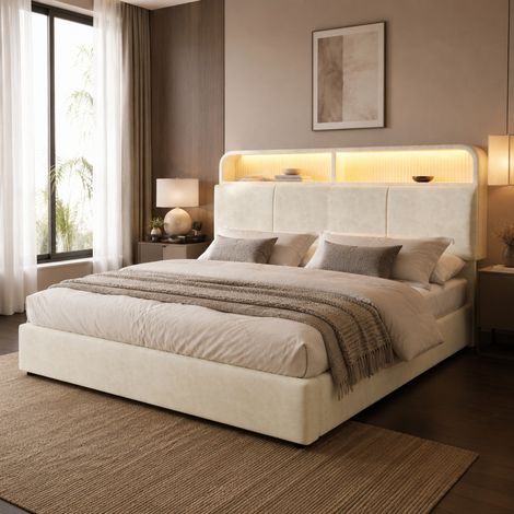 Cama con almacenaje terciopelo beige 180x200 cm, cabecero regulable con LED, USB/Type-C y somier de láminas (1/5)