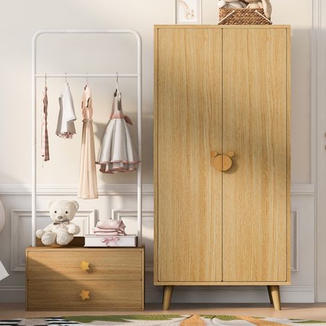 Armoire enfant 140x55x170 cm 2 portes avec grand rangement vêtements, penderie, pieds surélevés, poignées originales, MDF effet bois naturel