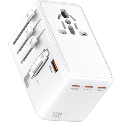 Adaptateur de voyage universel, charge rapide 100 W, convertisseur universel, câble de charge rapide rétractable TYPE-C 80 cm (blanc) (1/5)