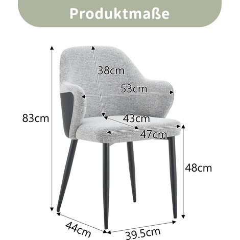 Lot de 2 chaises salle à manger 83 cm tissu gris. Dossier mixte tissu et PU noir,pieds métalliques croisés renforcés.