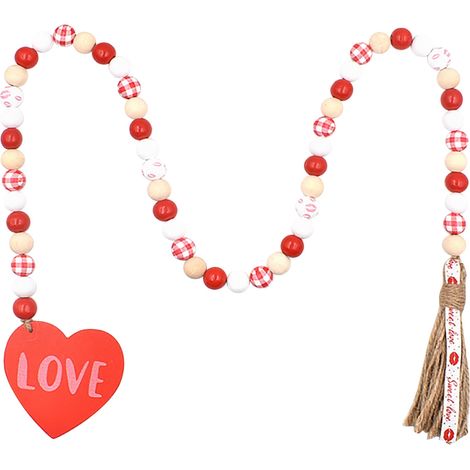 Guirlande De Perles En Bois - Décoration Festive Pour La Saint-Valentin - Cordon Avec Pompon - 56 Perles - Rouge Et Coloré (1/5)
