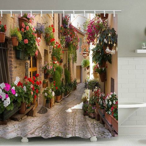 Cortina de ducha Flower Street de 200 x 230 cm, impermeable, de poliéster con estampado. (1/3)