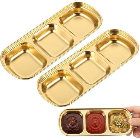 Set aus 2 goldenen Gewürzschalen aus Edelstahl mit 3 Fächern für Soßen, Metallschalen zum Dippen, geeignet für Sushi, koreanische Beilagen und Gewürze (1/2)