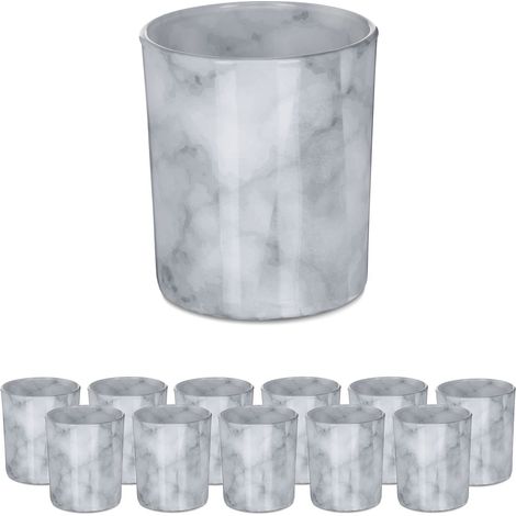 Lot de 12 photophores en Verre pour Bougies Chauffe-Plat, Aspect marbre élégant, H x D : 8,5 x 7 cm, Gris (1/5)