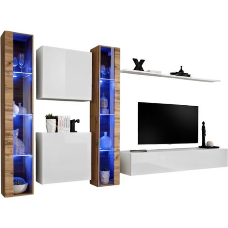 Wandkomposition SWITCH XVI – TV-Möbel, LED-Vitrinen, Würfel und Regal – Hochglanz Weiß und Wotan-Eiche – Modernes Design (1/2)