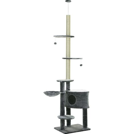 Arbre à chat hauteur plafond 220-265 cm, gris foncé, avec grotte, hamac, balles, poteaux sisal et plateformes - Arbre à grimper multi-niveaux pour chat moyen (1/5)